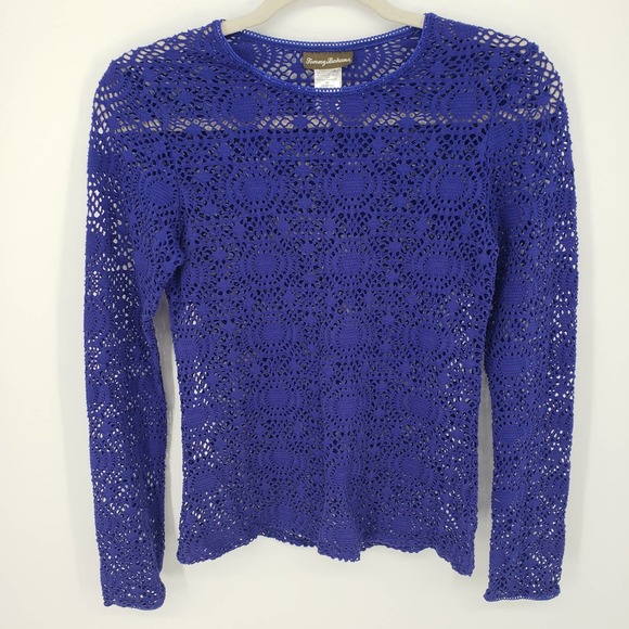 Tommy Bahama Crochet Rashguard S Medallion Swim Top Cover Up Blue Rash Guard - Picture 2 of 10